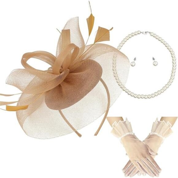 Fascinator Hats with Gloves Set for Women Tea Party Cocktail Wedding Headwear - Picture 7 of 7